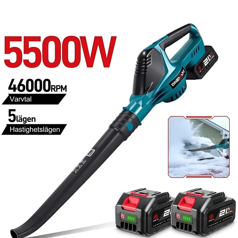 Sladdlös lövblåsare 21V borstlös med 2 batterier - 180 m/s luftström - 5 hastighetslägen - Laddare ingår