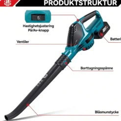 Sladdlös lövblåsare 21V borstlös med 2 batterier - 180 m/s luftström - 5 hastighetslägen - Laddare ingår