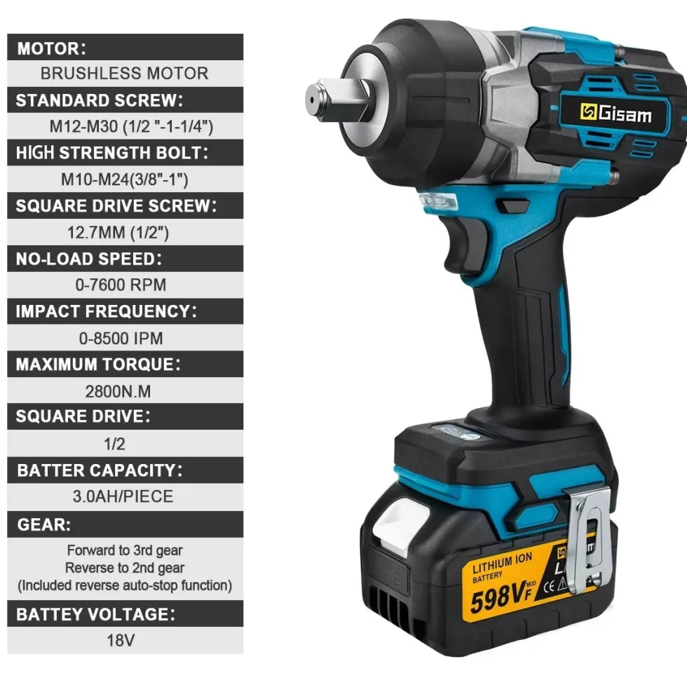 Slagskruvdragare 2800Nm 1/2" Borstlös– Kompatibel med Makita 18V Batteri – Batteridriven Mutterdragare för Däckbyte