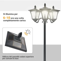Solcellslampa för trädgård, 3 LED, klassisk utomhusgolvlampa, IP44, 51,5x47x182,5cm