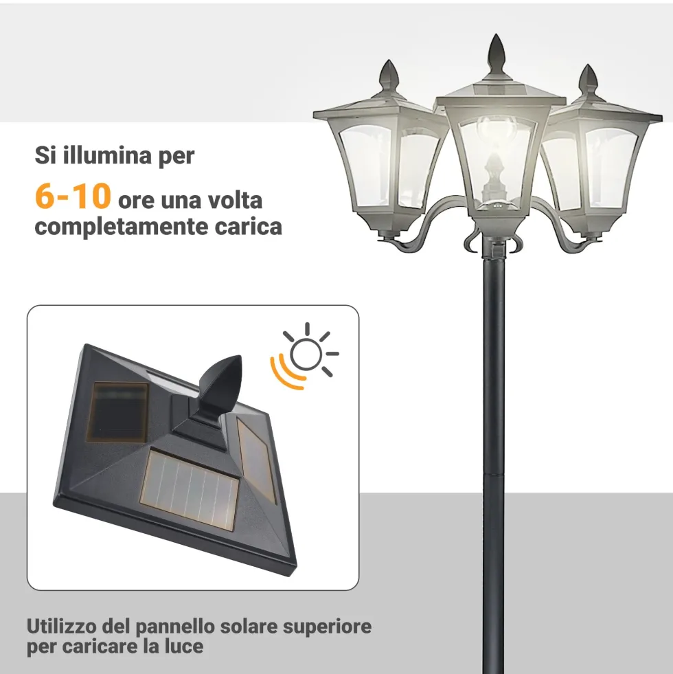 Solcellslampa för trädgård, 3 LED, klassisk utomhusgolvlampa, IP44, 51,5x47x182,5cm