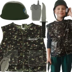 Soldatkostym barn kamouflage set med väst, hjälm och tillbehör 3-8 år