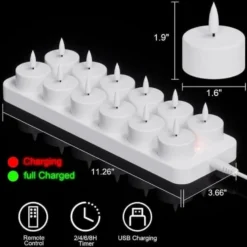12 st laddningsbara LED-värmeljus med fjärrkontroll och timer – fladdrande värme ljus för Halloween, jul och festdekorationer