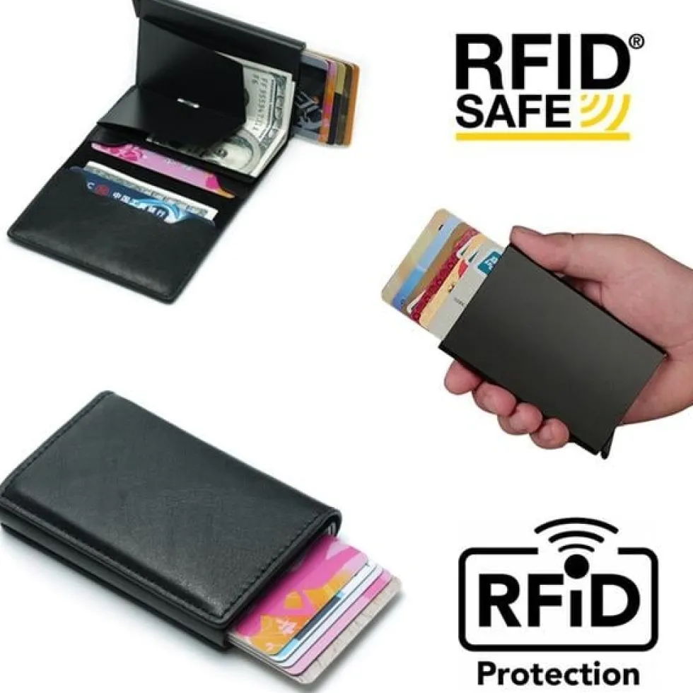 Svart RFID Skydd Plånbok Korthållare 5st Kort (Äkta Läder)