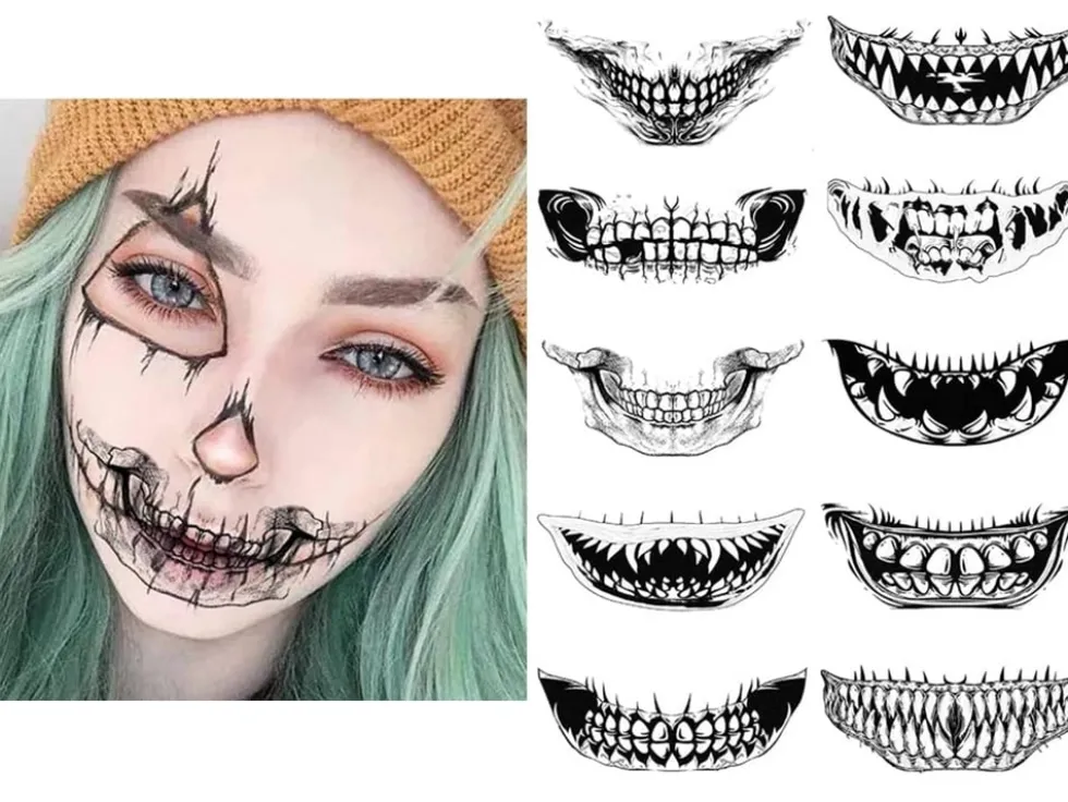 Temporär Halloween-tatuering fake teeth motiv ca 12x5 cm slumpmässig