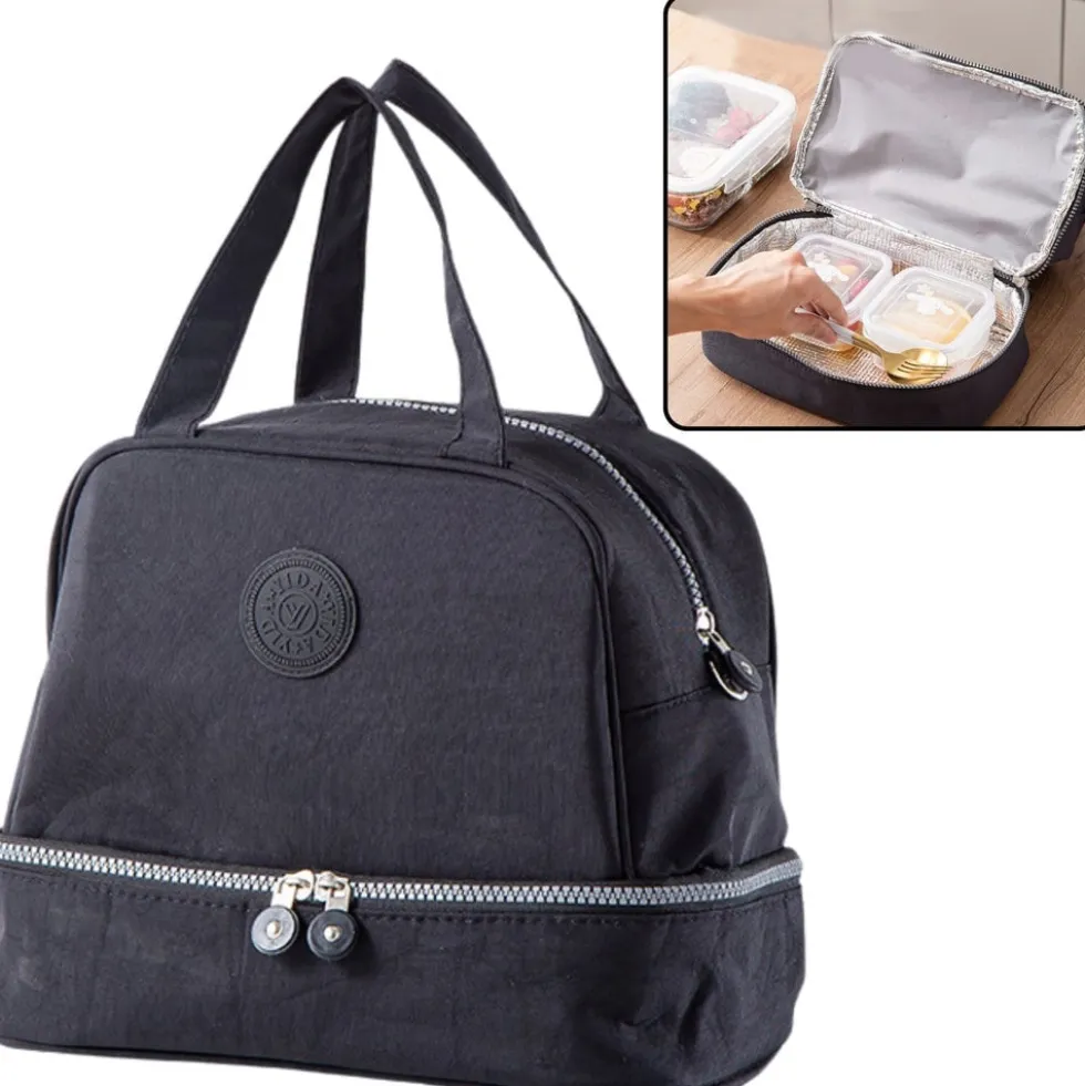 Termisk lunchväska med dubbelfack 27x25x16 cm svart polyester