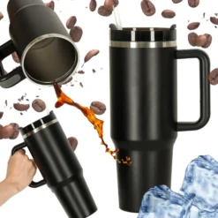 Termosmugg 1,2 L med handtag och sugrör rostfritt stål svart