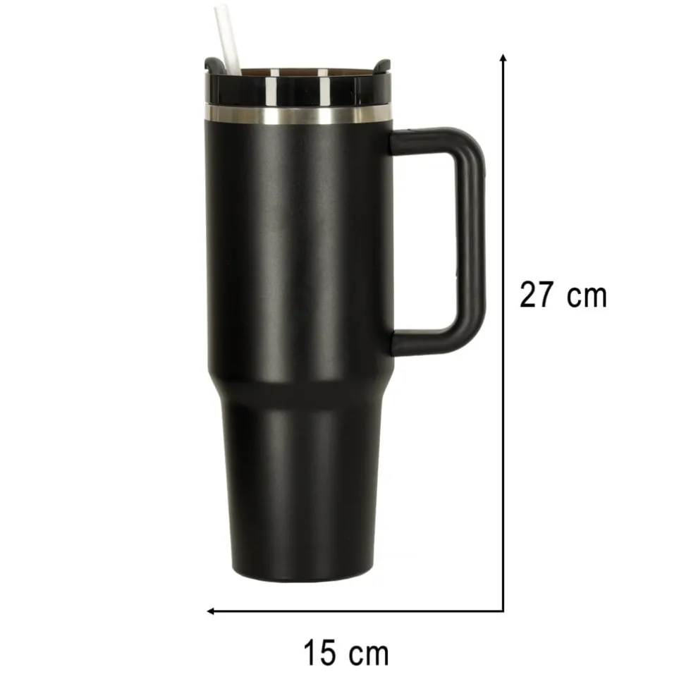 Termosmugg 1,2 L med handtag och sugrör rostfritt stål svart
