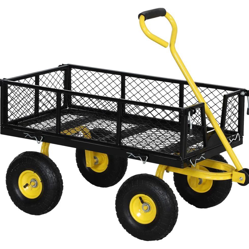 Tippbar trädgårdsvagn, 200 kg lastkapacitet, med avtagbara sidopaneler och 4 luftfyllda hjul, svart och gul