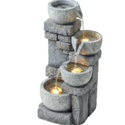 Trädgårdsfontän med LED-belysning, pump, dekorativ vattenfallsfontän i 4 nivåer, justerbart flöde, grå