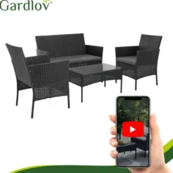 Trädgårdsmöbelset teknorattan svart 4 delar med kuddar & glasbord