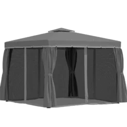 Trädgårdspaviljong 2,96x2,96 m med dubbelt tak, 4 sidopaneler, myggnät, väderbeständig, aluminium, mörkgrå