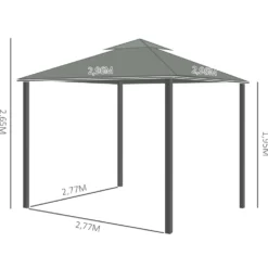 Trädgårdspaviljong 2,96x2,96 m med dubbelt tak, 4 sidopaneler, myggnät, väderbeständig, aluminium, mörkgrå