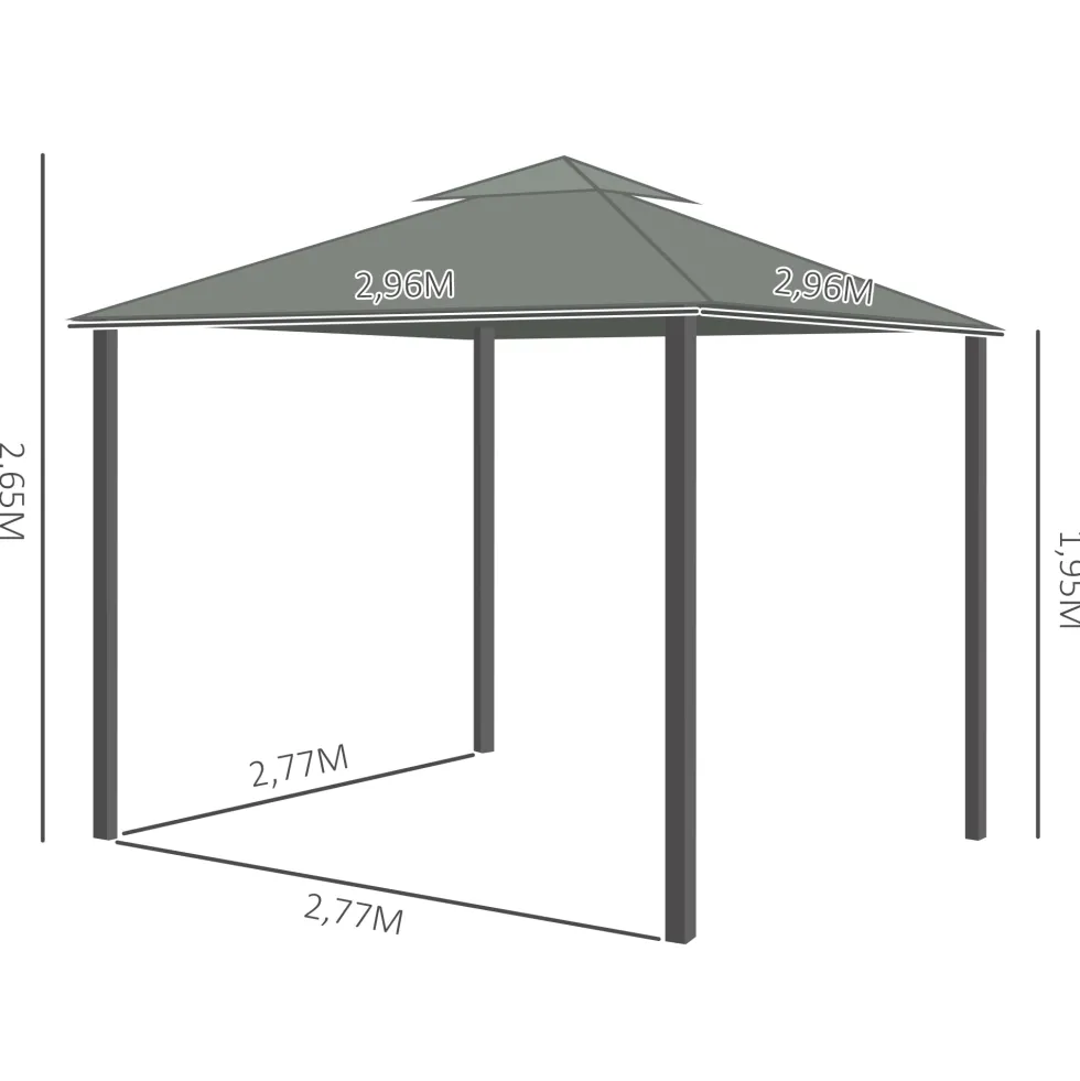 Trädgårdspaviljong 2,96x2,96 m med dubbelt tak, 4 sidopaneler, myggnät, väderbeständig, aluminium, mörkgrå
