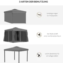 Trädgårdspaviljong 2,96x2,96 m med dubbelt tak, 4 sidopaneler, myggnät, väderbeständig, aluminium, mörkgrå