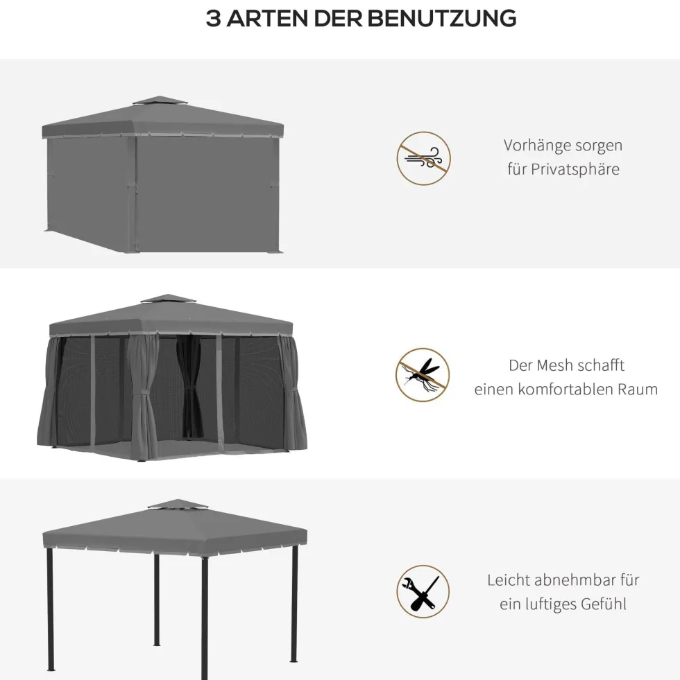 Trädgårdspaviljong 2,96x2,96 m med dubbelt tak, 4 sidopaneler, myggnät, väderbeständig, aluminium, mörkgrå