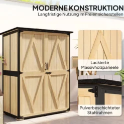 Trädgårdsskjul av trä och stål, redskapsskjul för utomhusbruk med asfalttak, 2 hyllor, låsbara dörrar, naturträ