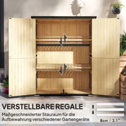 Trädgårdsskjul av trä och stål, redskapsskjul för utomhusbruk med asfalttak, 2 hyllor, låsbara dörrar, naturträ