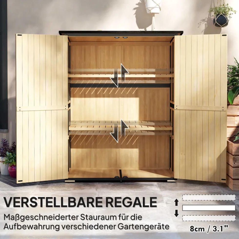 Trädgårdsskjul av trä och stål, redskapsskjul för utomhusbruk med asfalttak, 2 hyllor, låsbara dörrar, naturträ
