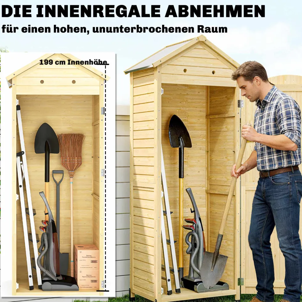 Trädgårdsskjul i trä, extra högt, med justerbart hyllplan, magnetisk dörr, galvaniserad takventilation