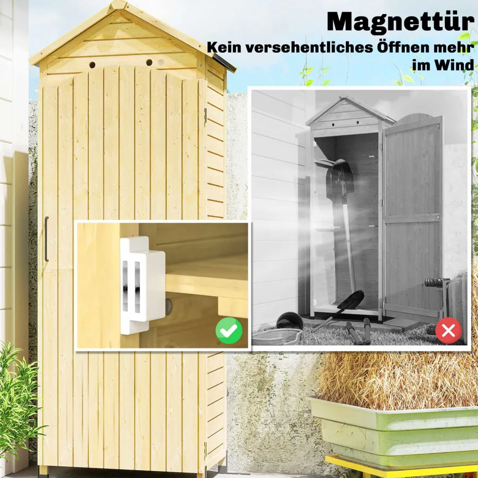 Trädgårdsskjul i trä, extra högt, med justerbart hyllplan, magnetisk dörr, galvaniserad takventilation