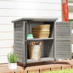 Trädgårdsskjul i trä med 2 innerhyllor, 2 dörrar och sluttande tak för uteplats, 87x46,5x96,5 cm, grå
