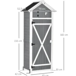 Trädgårdsskjul i trä, väderbeständigt redskapsskjul 78x52,5x182cm, trädgårdshus med dörr, sadeltak, verktygsskåp med krokar, hopfällbart bord, redskapsskjul för trädgård, uteplats, grå