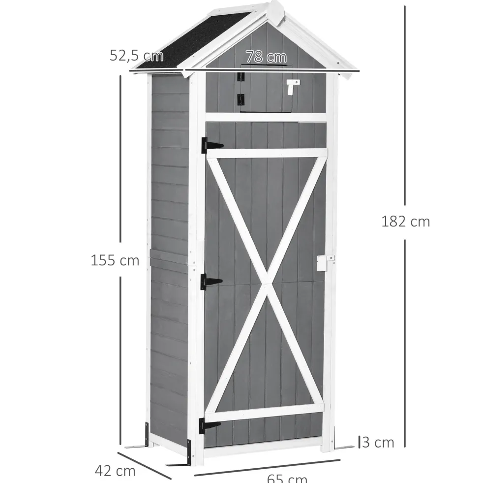 Trädgårdsskjul i trä, väderbeständigt redskapsskjul 78x52,5x182cm, trädgårdshus med dörr, sadeltak, verktygsskåp med krokar, hopfällbart bord, redskapsskjul för trädgård, uteplats, grå