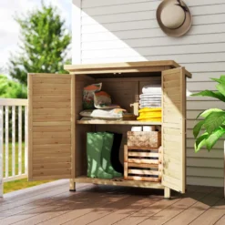 Trädgårdsskjul i trä, 87x46,5x96,5 cm, med 2 innerhyllor, 2 dörrar, bra ventilation och sluttande tak för uteplats eller terrass