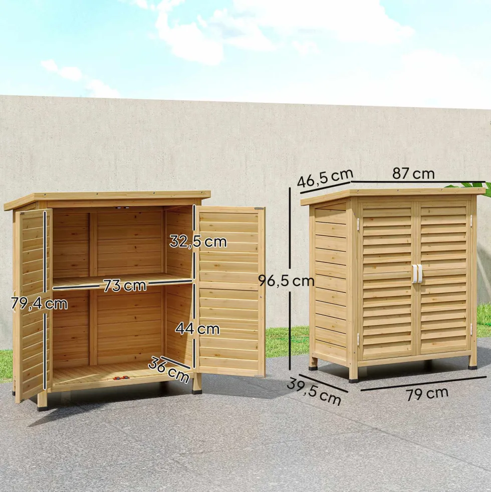 Trädgårdsskjul i trä, 87x46,5x96,5 cm, med 2 innerhyllor, 2 dörrar, bra ventilation och sluttande tak för uteplats eller terrass