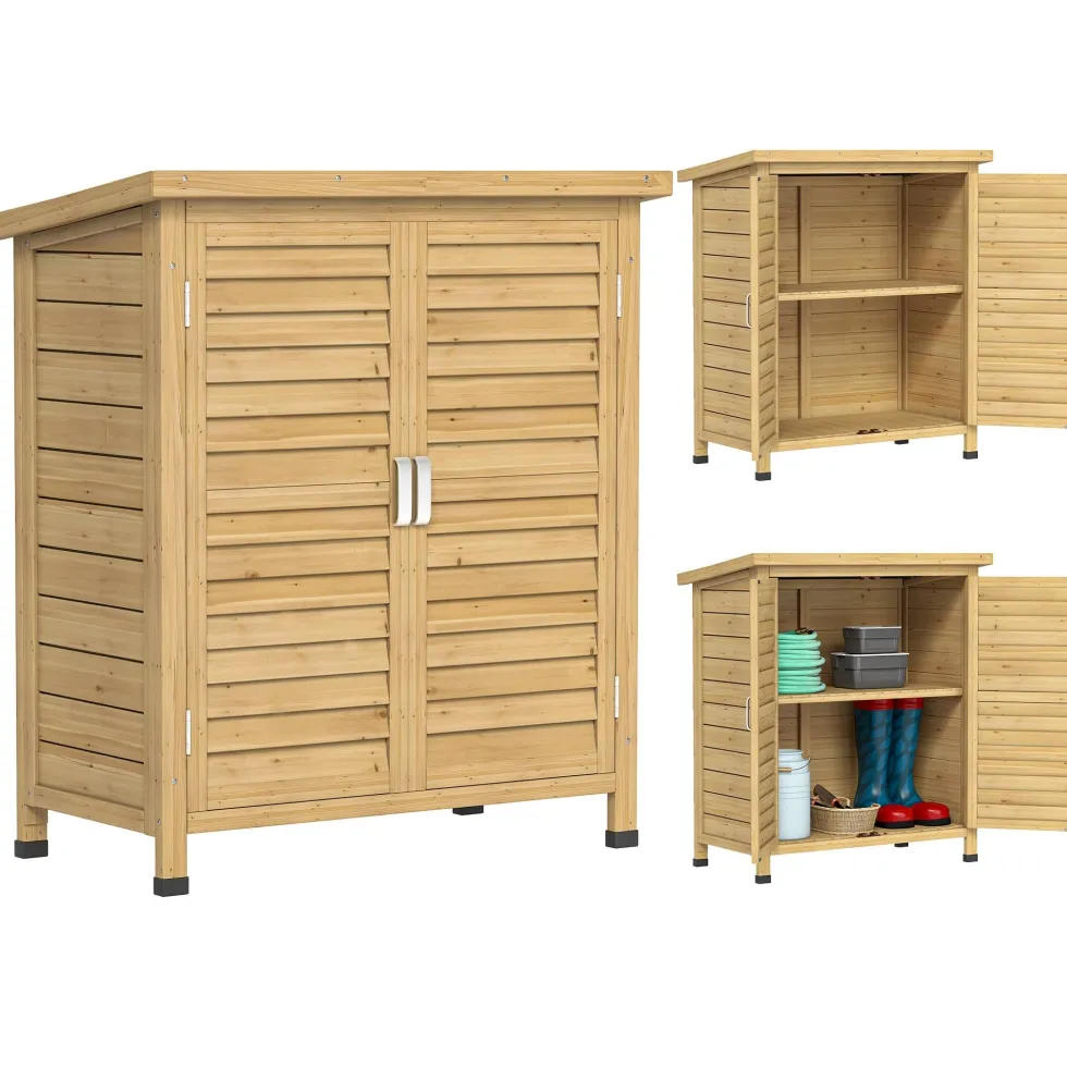 Trädgårdsskjul i trä, 87x46,5x96,5 cm, med 2 innerhyllor, 2 dörrar, bra ventilation och sluttande tak för uteplats eller terrass