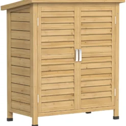 Trädgårdsskjul i trä, 87x46,5x96,5 cm, med 2 innerhyllor, 2 dörrar, bra ventilation och sluttande tak för uteplats eller terrass