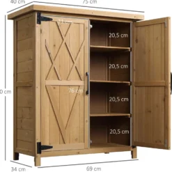 Trädgårdsskjul 0,24 m² 75x40x90 cm med 4 hyllor och galvaniserat tak för verktygsförvaring naturfärgad