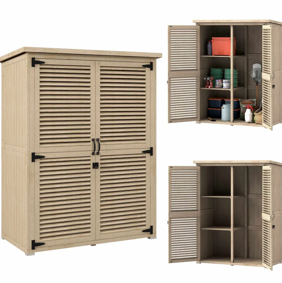 Trädgårdsskjul 0,83 m² 127x65x168 cm med 2 lamelldörrar, 2 hyllor, 2 handtag och naturligt vattentätt tak