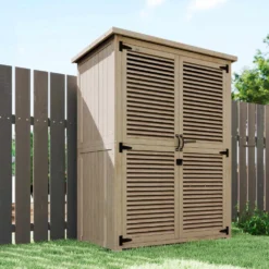 Trädgårdsskjul 0,83 m² 127x65x168 cm med 2 lamelldörrar, 2 hyllor, 2 handtag och naturligt vattentätt tak