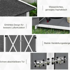 Trädgårdsskjul/redskapsbod med 2 dörrar, redskapsbod med asfalttak, trädgårdsskåp, antidumpningsdesign med markstag, gran, grått och vitt, 139 x 75 x 160 cm