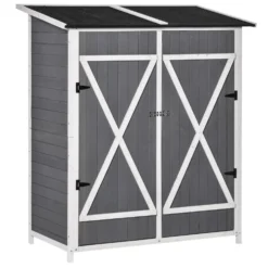 Trädgårdsskjul/redskapsbod med 2 dörrar, redskapsbod med asfalttak, trädgårdsskåp, antidumpningsdesign med markstag, gran, grått och vitt, 139 x 75 x 160 cm