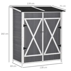 Trädgårdsskjul/redskapsbod med 2 dörrar, redskapsbod med asfalttak, trädgårdsskåp, antidumpningsdesign med markstag, gran, grått och vitt, 139 x 75 x 160 cm