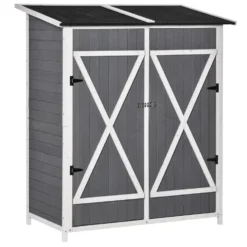 Trädgårdsskjul/redskapsbod med 2 dörrar, redskapsbod med asfalttak, trädgårdsskåp, antidumpningsdesign med markstag, gran, grått och vitt, 139 x 75 x 160 cm