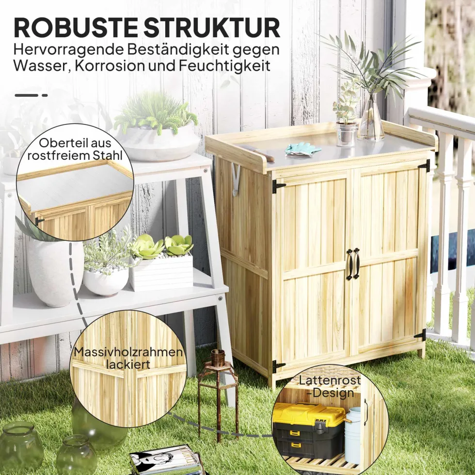Trädgårdsskjul, redskapsskjul för utomhusbruk, med arbetsyta, trä och rostfritt stål, dubbeldörrar, naturträ