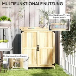 Trädgårdsskjul, redskapsskjul för utomhusbruk, med arbetsyta, trä och rostfritt stål, dubbeldörrar, naturträ