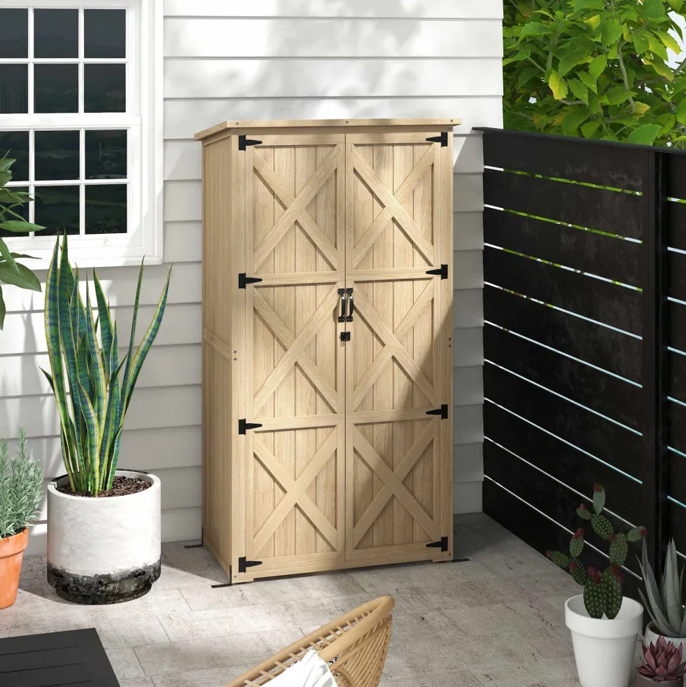 Trädgårdsskjul/verktygsförvaring, 90B x 54,5D x 161/168,5H cm, 2 hyllor, vattentätt bitumentak, tryckimpregnerat furuträ