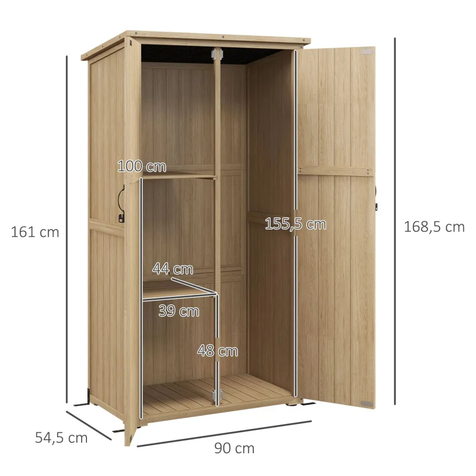 Trädgårdsskjul/verktygsförvaring, 90B x 54,5D x 161/168,5H cm, 2 hyllor, vattentätt bitumentak, tryckimpregnerat furuträ