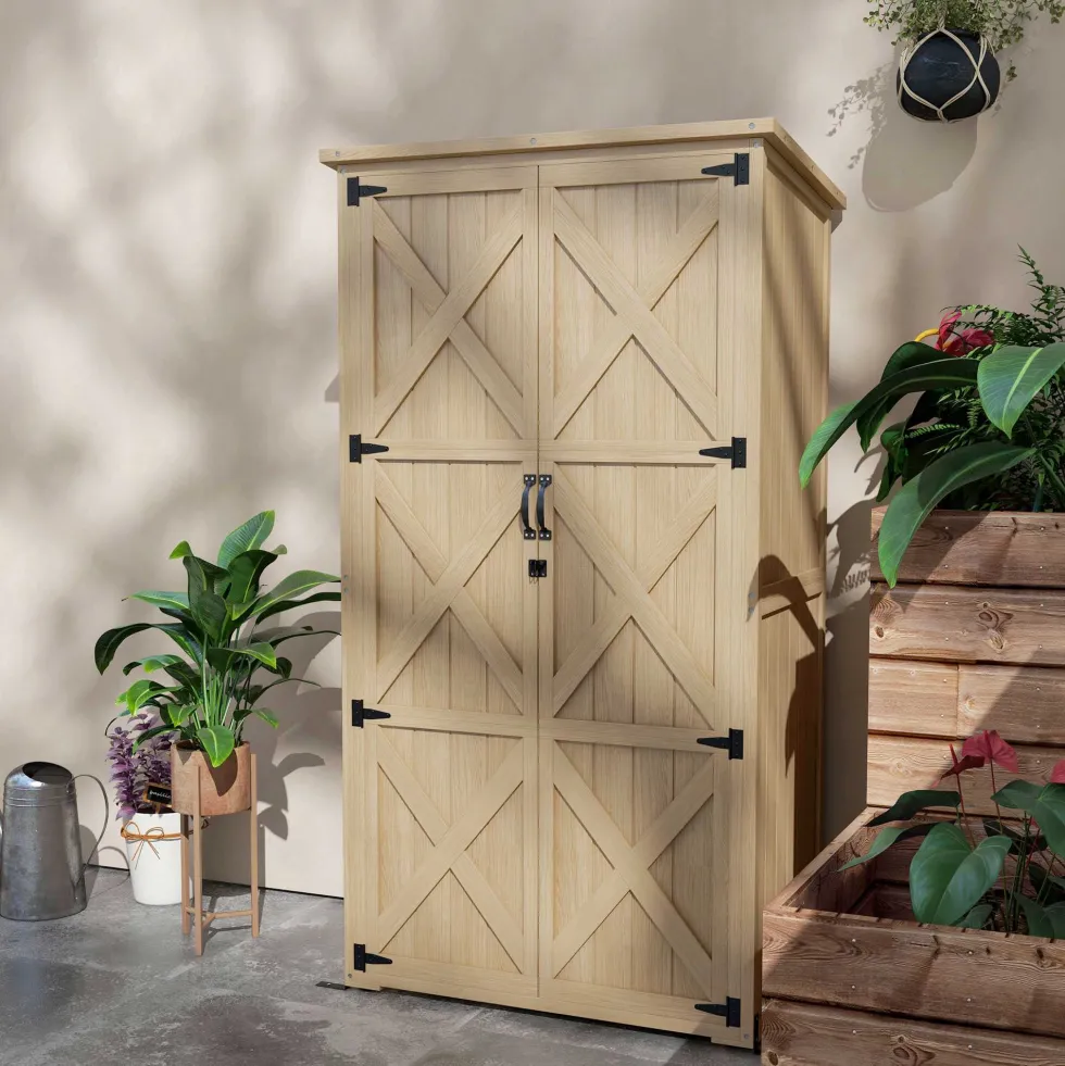 Trädgårdsskjul/verktygsförvaring, 90B x 54,5D x 161/168,5H cm, 2 hyllor, vattentätt bitumentak, tryckimpregnerat furuträ