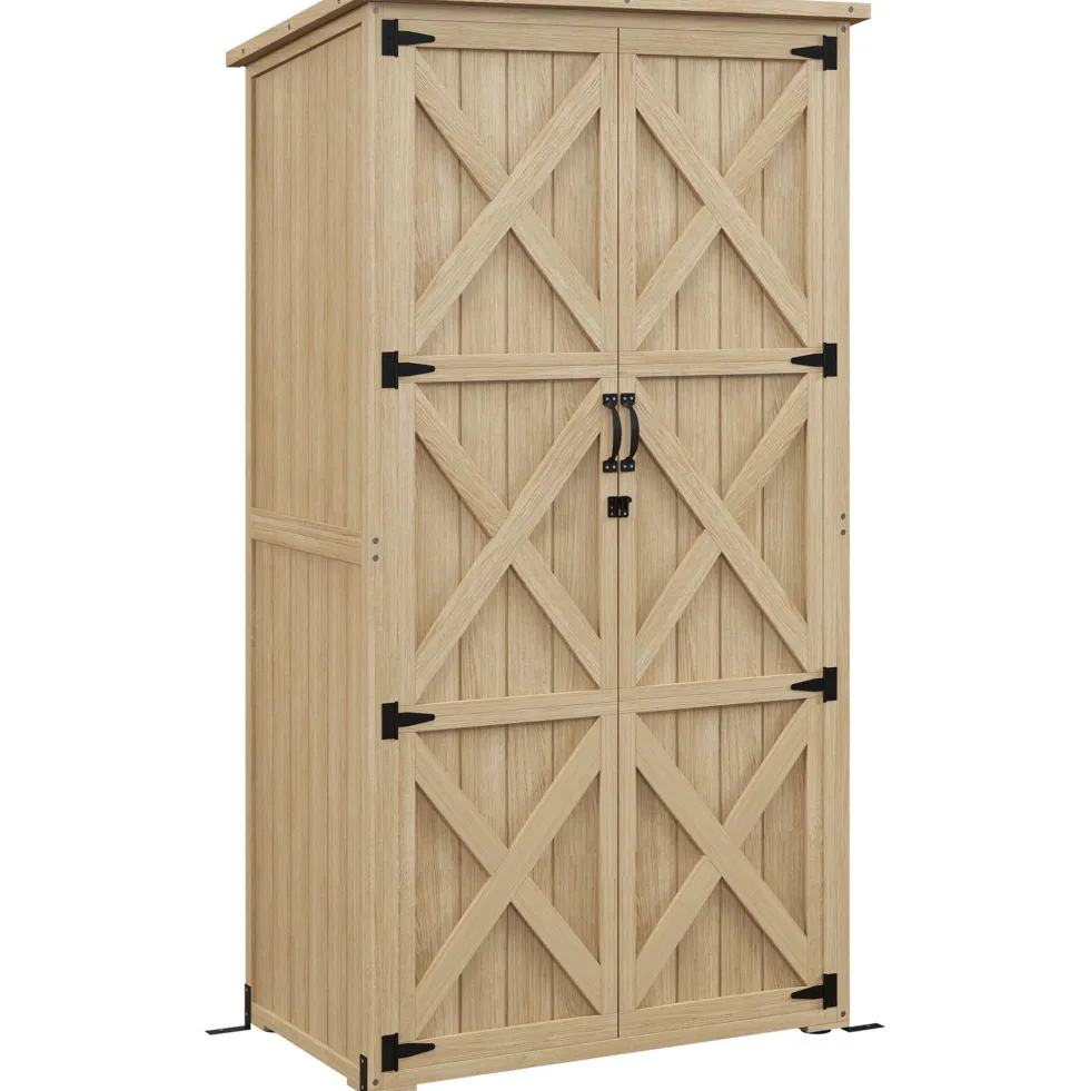 Trädgårdsskjul/verktygsförvaring, 90B x 54,5D x 161/168,5H cm, 2 hyllor, vattentätt bitumentak, tryckimpregnerat furuträ