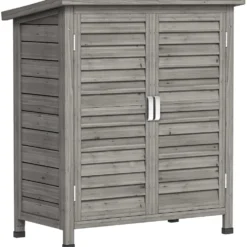 Trädgårdsskjul/verktygsförvaring med fristående hyllplan, lamelldörrar, bitumentak, gran, 87L x 46,5B x 96,5H cm, grå