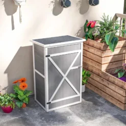 Trädgårdsskjul 75x56x115cm Grå med hyllor, väderbeständig