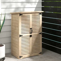 Trädgårdsskjul 75x50x118 cm verktygsskåp med 2 hyllor och 2 dörrar naturfärgad