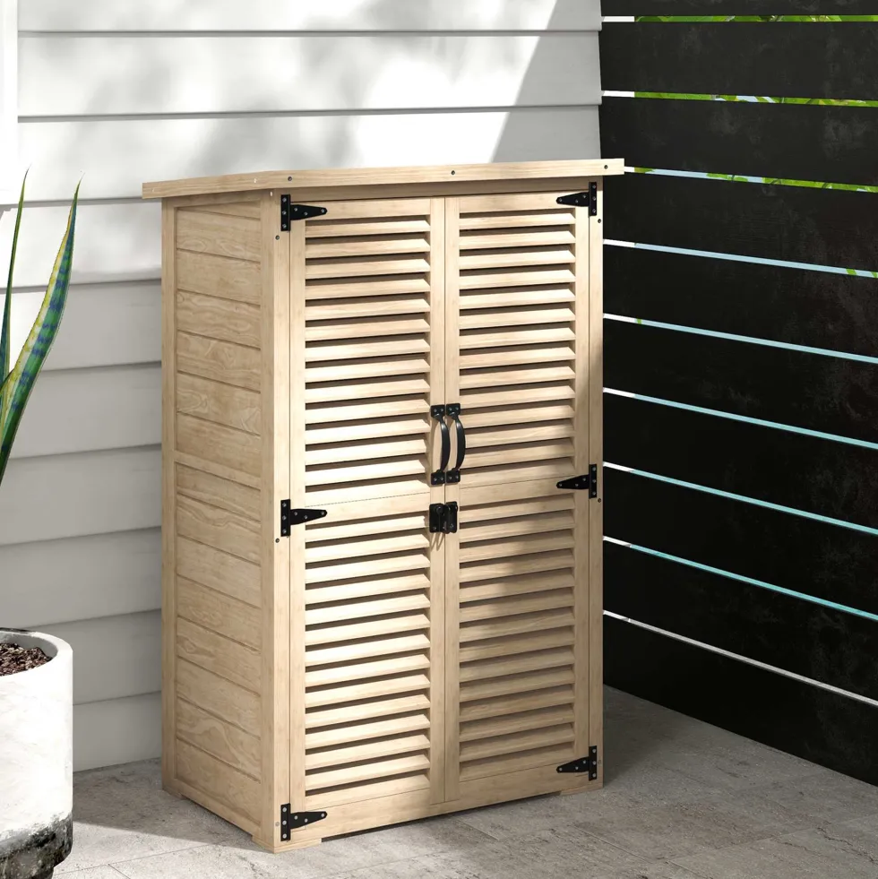 Trädgårdsskjul 75x50x118 cm verktygsskåp med 2 hyllor och 2 dörrar naturfärgad