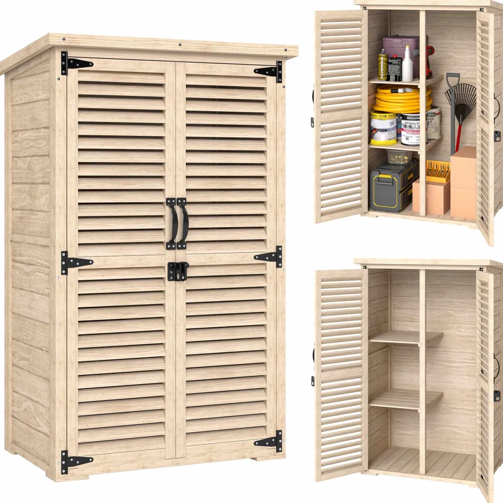 Trädgårdsskjul 75x50x118 cm verktygsskåp med 2 hyllor och 2 dörrar naturfärgad
